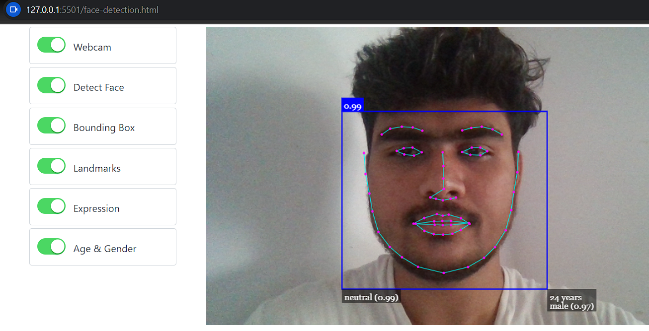 Face detection from webcam in browser using javascript library face-api.js
                      Streaming webcam on desktop computer or mobile, there is function to switch back or front cameras on mobile 